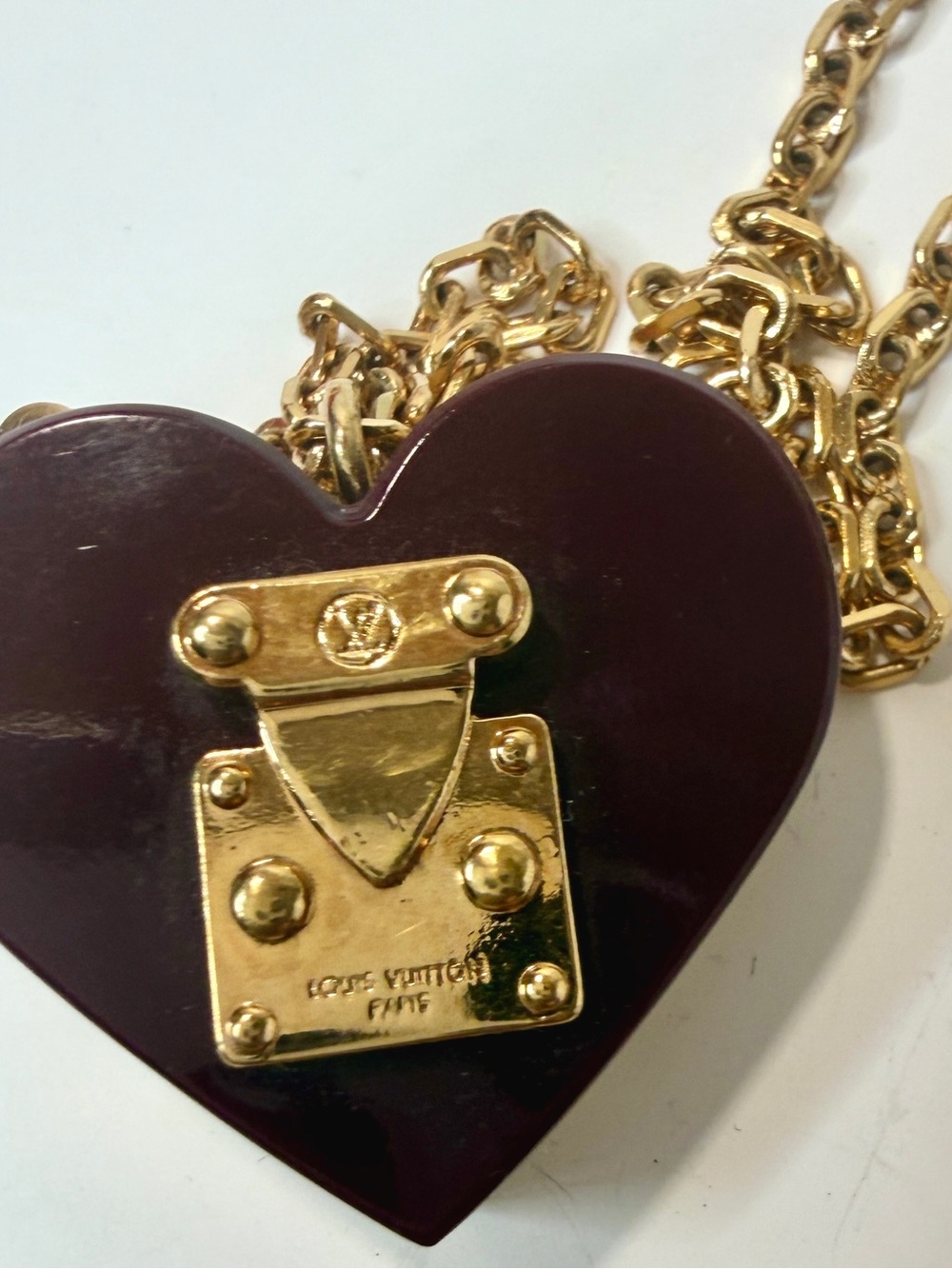 Louis Vuitton Gold Chain Necklace with Burgundy Heart Padlock - Picture 9 of 16